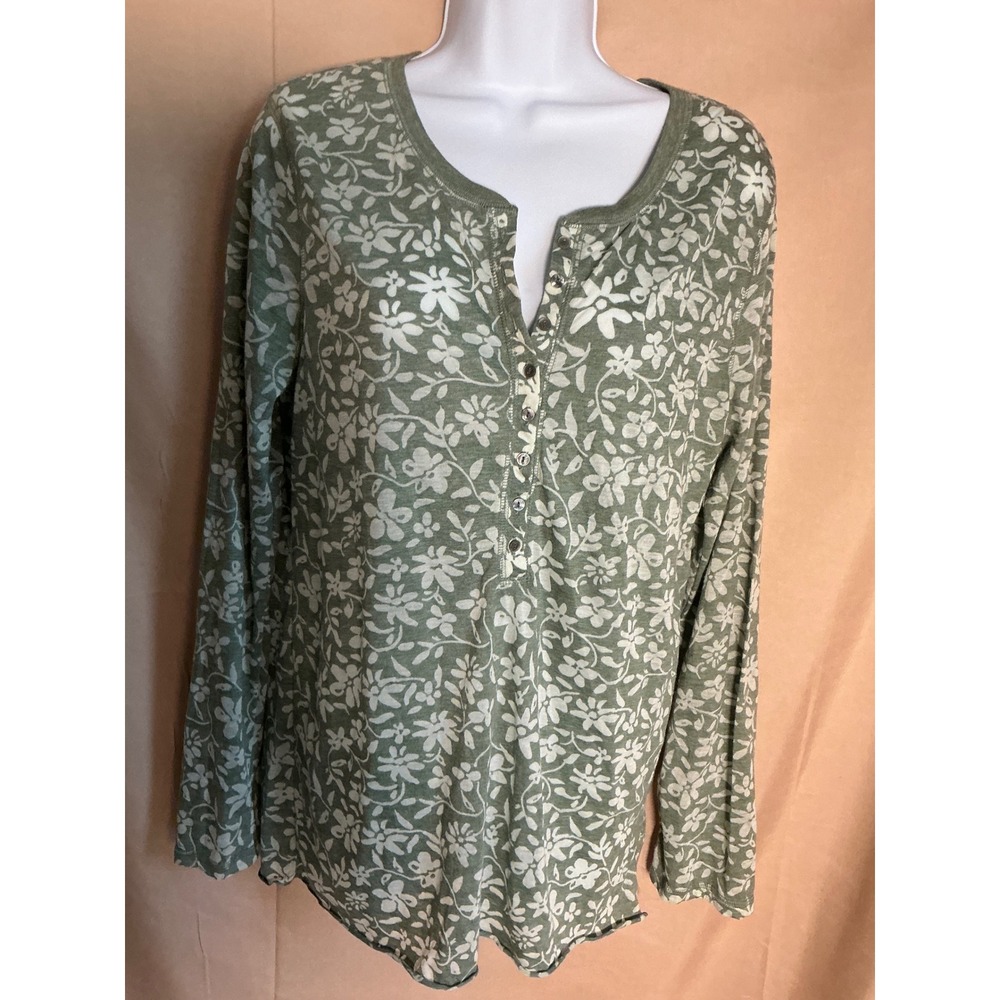 Old Navy Henley Top Women XL Green Excellent Floral Long Sleeve Perfect Fit